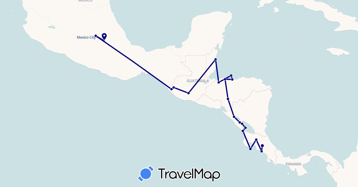TravelMap itinerary: driving in Belize, Costa Rica, Guatemala, Honduras, Mexico, Nicaragua (North America)